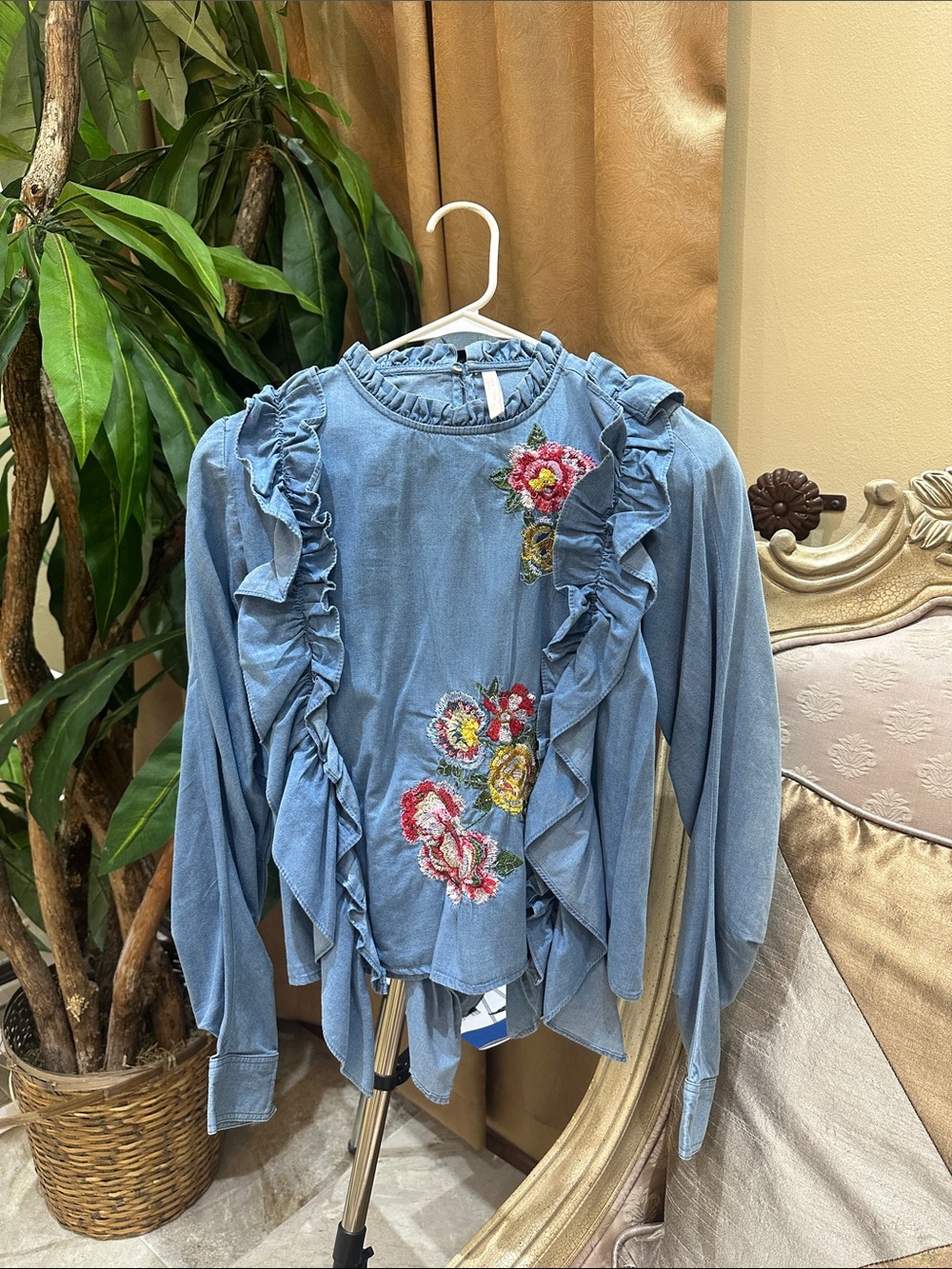 Zara Light Blue Ruffle Floral Embroidered Long-Sleeve Top